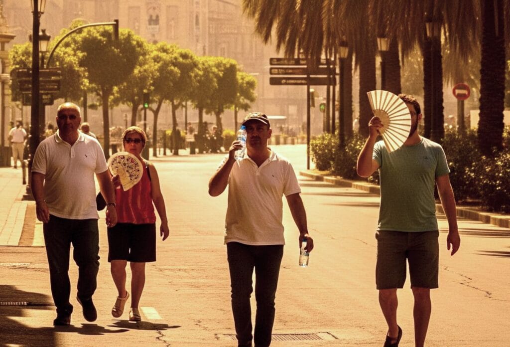 People in Spain walking under heatwave conditions in 2025